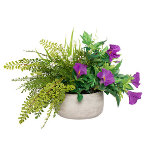 Centerpiece with purple morning glories and mixed greenery